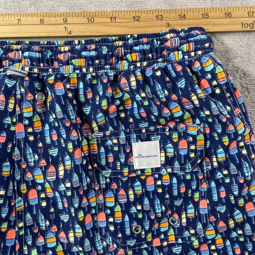 Peter Millar Swim Trunks Mens Medium Blue Buoy Mesh Lined Geometric Summer